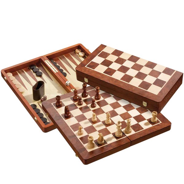 Große Schach-Backgammon-Dame-Kassette in Erle und Mahagoni - 49 cm